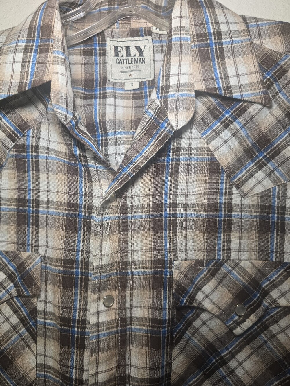 Ely Cattleman Brown, White & Blue Plaid Snap-Front Western Shirt Sz SM - Picture 2 of 3